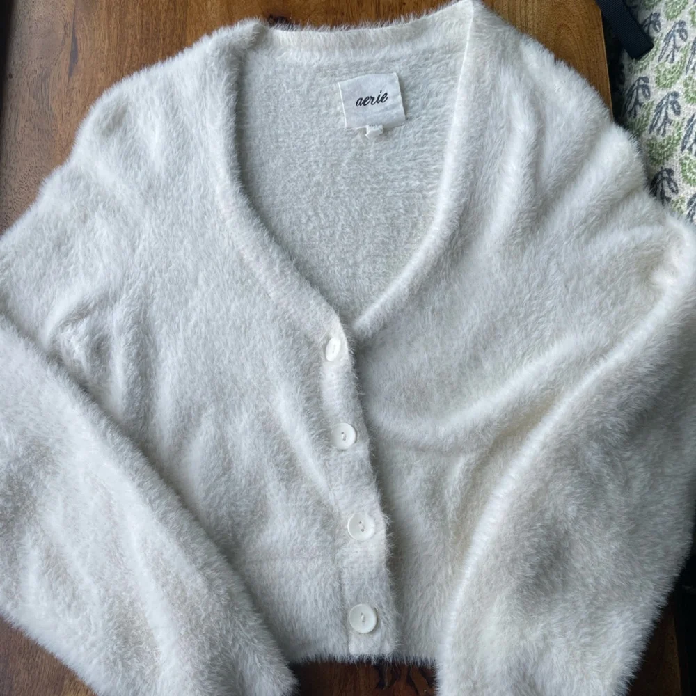 aerie Cream Fuzzy V-Neck Button Cardigan - Picture 2 of 3